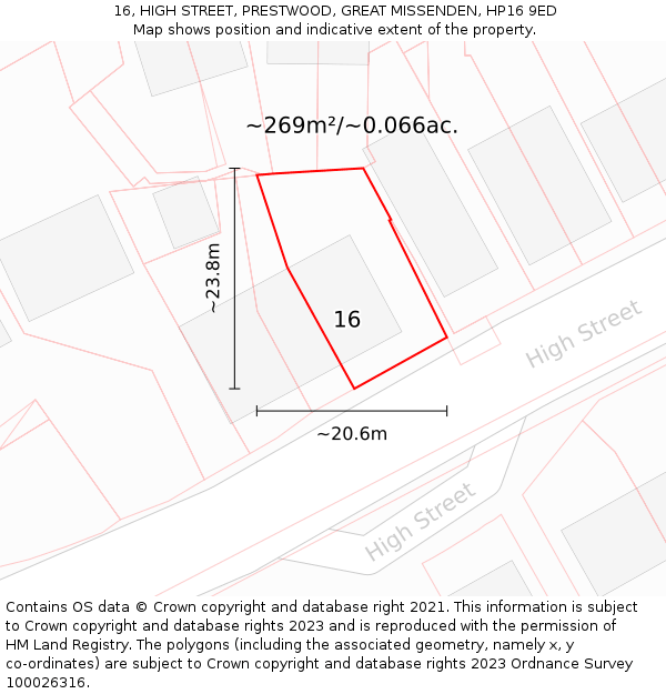 16, HIGH STREET, PRESTWOOD, GREAT MISSENDEN, HP16 9ED: Plot and title map