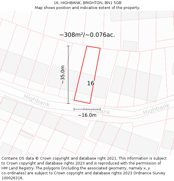 16, HIGHBANK, BRIGHTON, BN1 5GB: Plot and title map