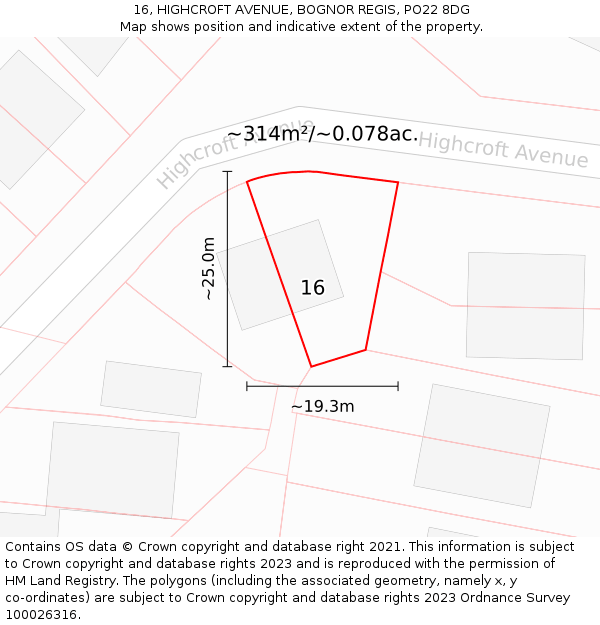 16, HIGHCROFT AVENUE, BOGNOR REGIS, PO22 8DG: Plot and title map