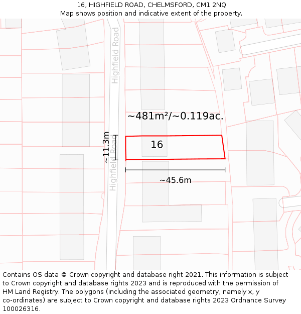 16, HIGHFIELD ROAD, CHELMSFORD, CM1 2NQ: Plot and title map