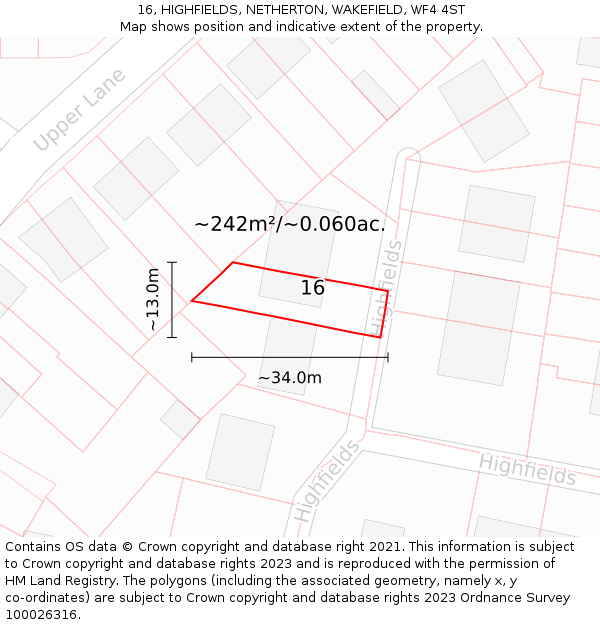 16, HIGHFIELDS, NETHERTON, WAKEFIELD, WF4 4ST: Plot and title map