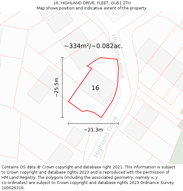 16, HIGHLAND DRIVE, FLEET, GU51 2TH: Plot and title map