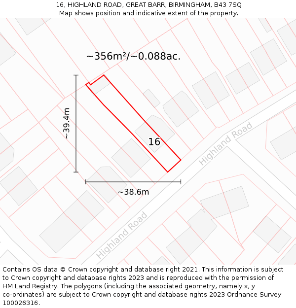 16, HIGHLAND ROAD, GREAT BARR, BIRMINGHAM, B43 7SQ: Plot and title map