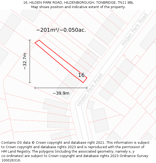 16, HILDEN PARK ROAD, HILDENBOROUGH, TONBRIDGE, TN11 9BL: Plot and title map