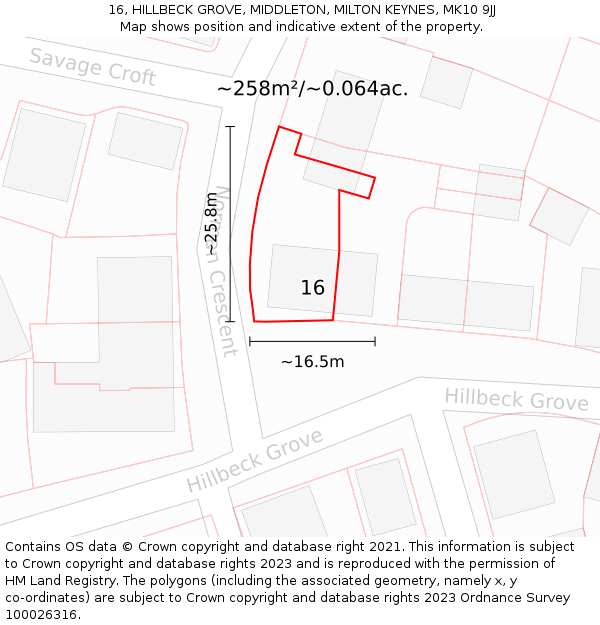 16, HILLBECK GROVE, MIDDLETON, MILTON KEYNES, MK10 9JJ: Plot and title map