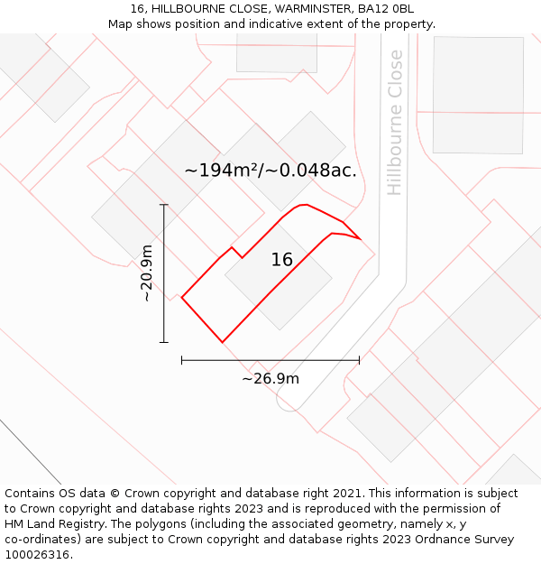16, HILLBOURNE CLOSE, WARMINSTER, BA12 0BL: Plot and title map