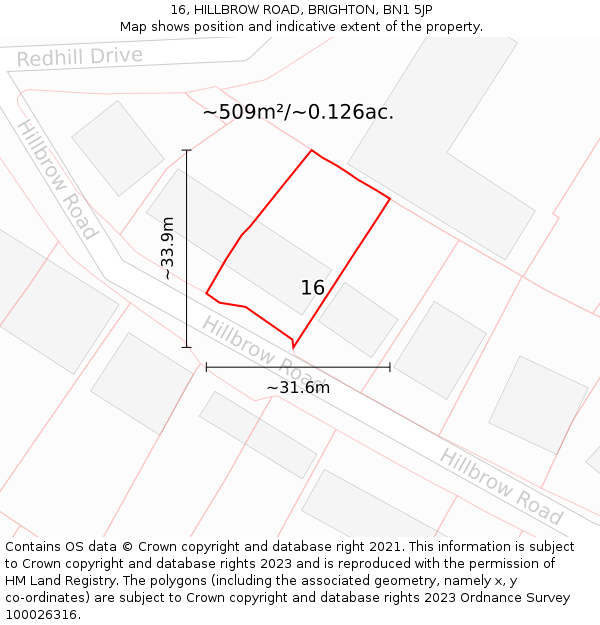 16, HILLBROW ROAD, BRIGHTON, BN1 5JP: Plot and title map