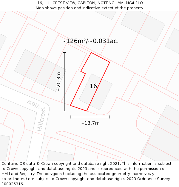 16, HILLCREST VIEW, CARLTON, NOTTINGHAM, NG4 1LQ: Plot and title map