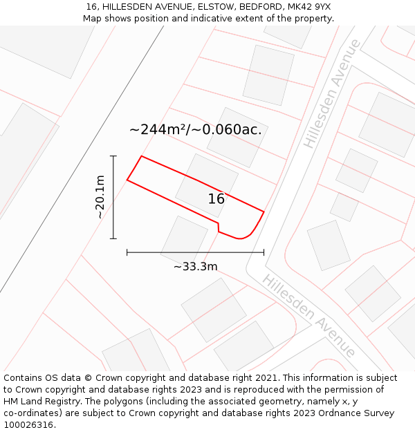 16, HILLESDEN AVENUE, ELSTOW, BEDFORD, MK42 9YX: Plot and title map