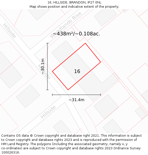 16, HILLSIDE, BRANDON, IP27 0NL: Plot and title map