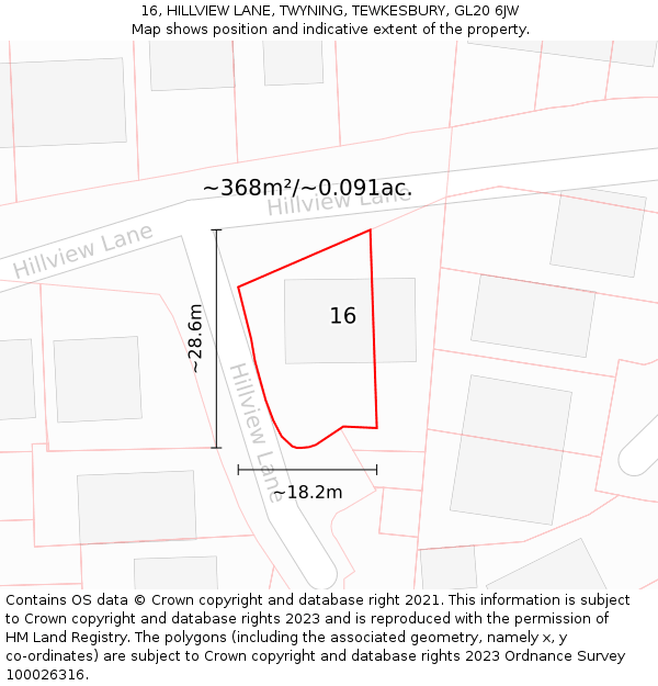 16, HILLVIEW LANE, TWYNING, TEWKESBURY, GL20 6JW: Plot and title map