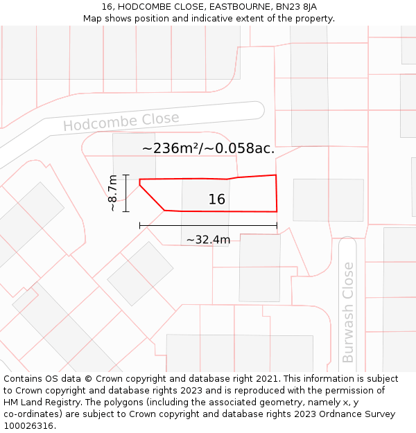 16, HODCOMBE CLOSE, EASTBOURNE, BN23 8JA: Plot and title map