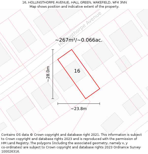 16, HOLLINGTHORPE AVENUE, HALL GREEN, WAKEFIELD, WF4 3NN: Plot and title map