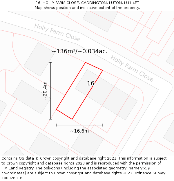 16, HOLLY FARM CLOSE, CADDINGTON, LUTON, LU1 4ET: Plot and title map