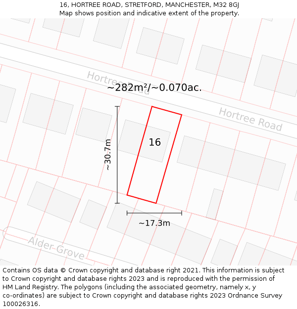 16, HORTREE ROAD, STRETFORD, MANCHESTER, M32 8GJ: Plot and title map