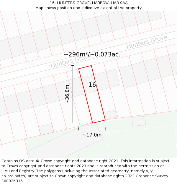 16, HUNTERS GROVE, HARROW, HA3 9AA: Plot and title map