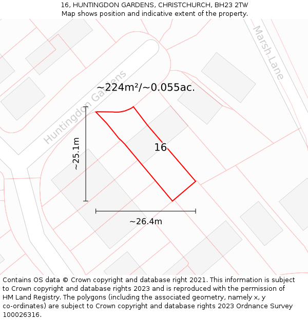 16, HUNTINGDON GARDENS, CHRISTCHURCH, BH23 2TW: Plot and title map