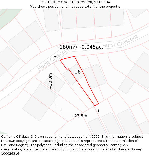16, HURST CRESCENT, GLOSSOP, SK13 8UA: Plot and title map