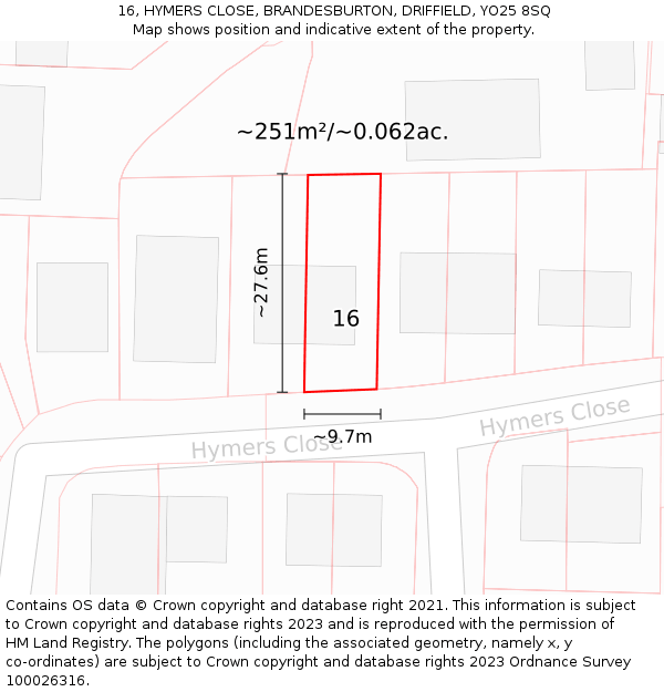 16, HYMERS CLOSE, BRANDESBURTON, DRIFFIELD, YO25 8SQ: Plot and title map