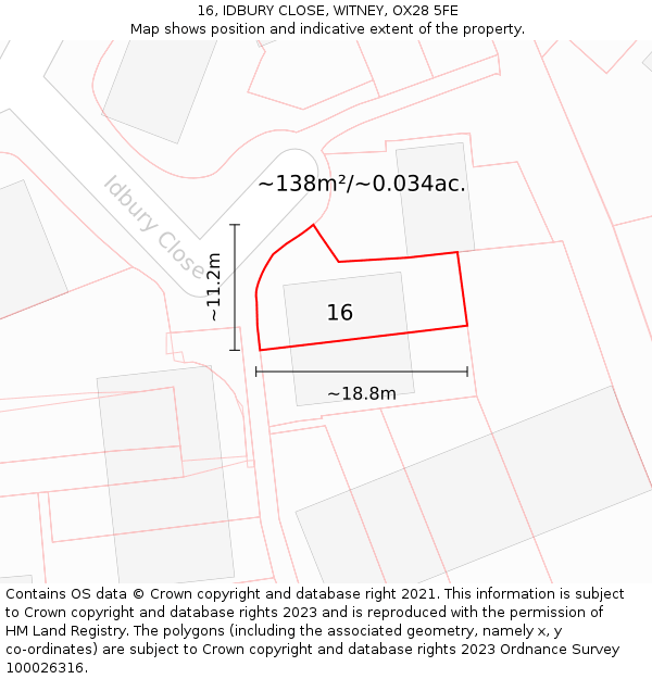 16, IDBURY CLOSE, WITNEY, OX28 5FE: Plot and title map