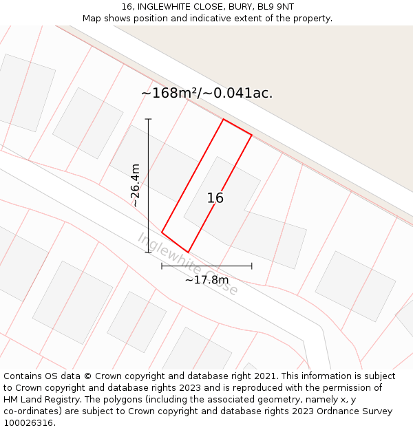 16, INGLEWHITE CLOSE, BURY, BL9 9NT: Plot and title map