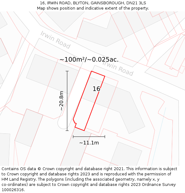 16, IRWIN ROAD, BLYTON, GAINSBOROUGH, DN21 3LS: Plot and title map