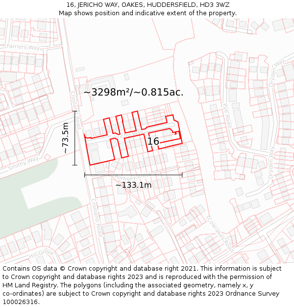 16, JERICHO WAY, OAKES, HUDDERSFIELD, HD3 3WZ: Plot and title map