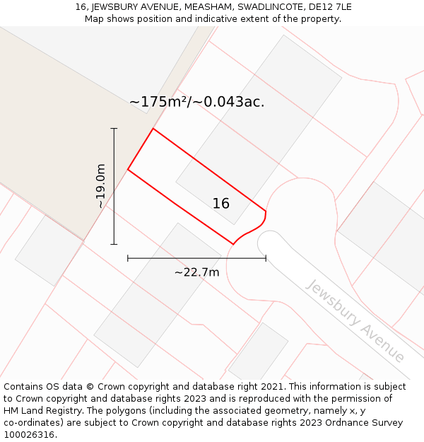 16, JEWSBURY AVENUE, MEASHAM, SWADLINCOTE, DE12 7LE: Plot and title map