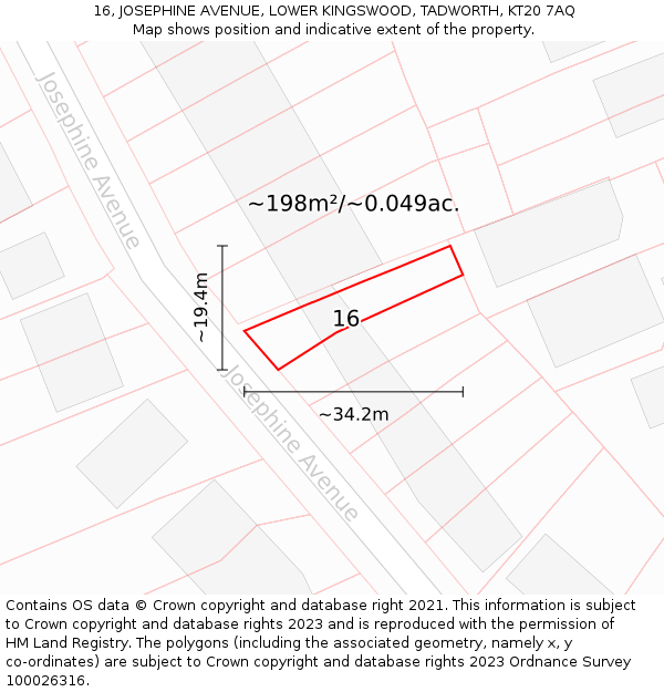 16, JOSEPHINE AVENUE, LOWER KINGSWOOD, TADWORTH, KT20 7AQ: Plot and title map