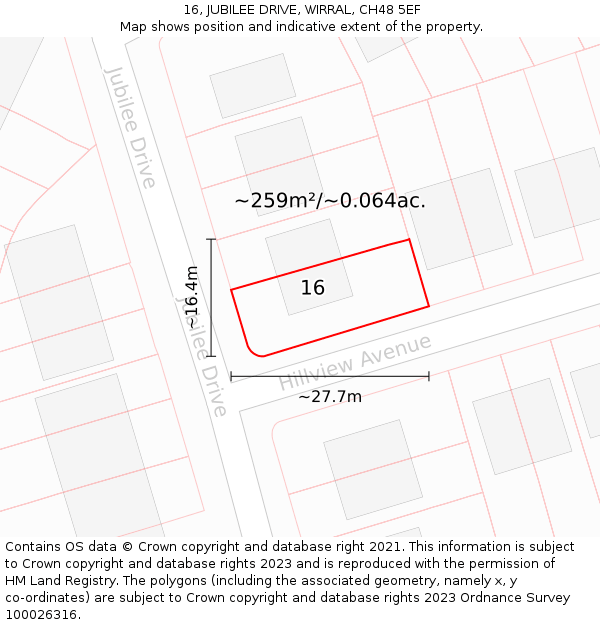 16, JUBILEE DRIVE, WIRRAL, CH48 5EF: Plot and title map