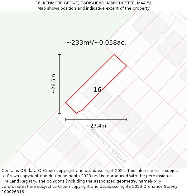 16, KENMORE GROVE, CADISHEAD, MANCHESTER, M44 5JL: Plot and title map