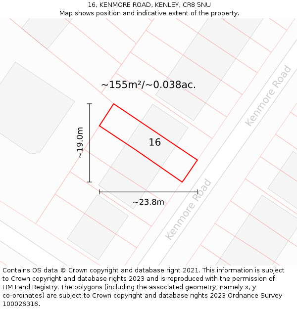 16, KENMORE ROAD, KENLEY, CR8 5NU: Plot and title map