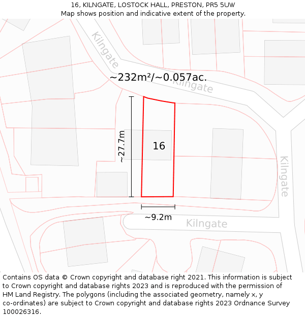 16, KILNGATE, LOSTOCK HALL, PRESTON, PR5 5UW: Plot and title map