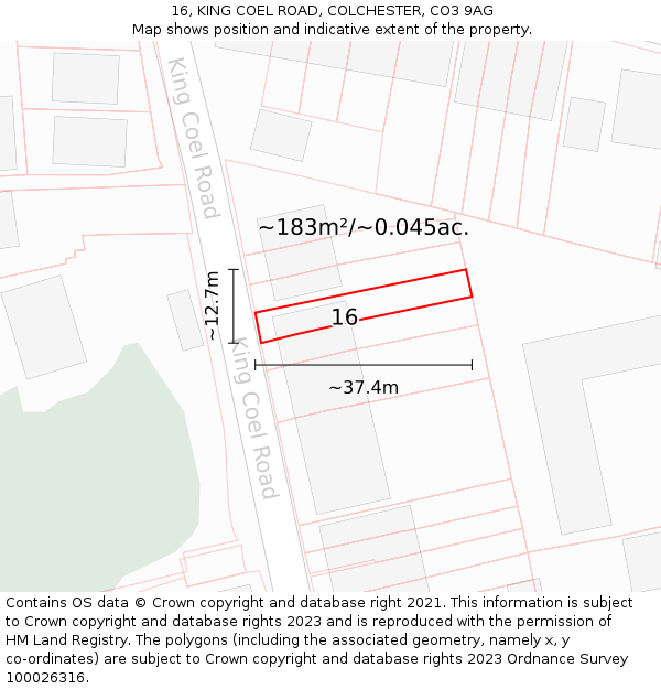 16, KING COEL ROAD, COLCHESTER, CO3 9AG: Plot and title map