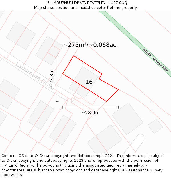 16, LABURNUM DRIVE, BEVERLEY, HU17 9UQ: Plot and title map