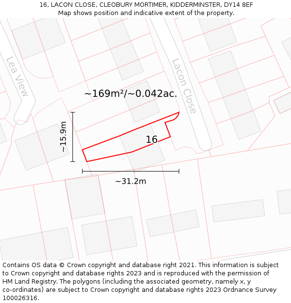 16, LACON CLOSE, CLEOBURY MORTIMER, KIDDERMINSTER, DY14 8EF: Plot and title map
