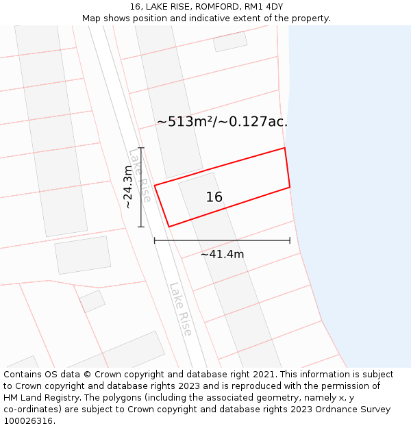 16, LAKE RISE, ROMFORD, RM1 4DY: Plot and title map