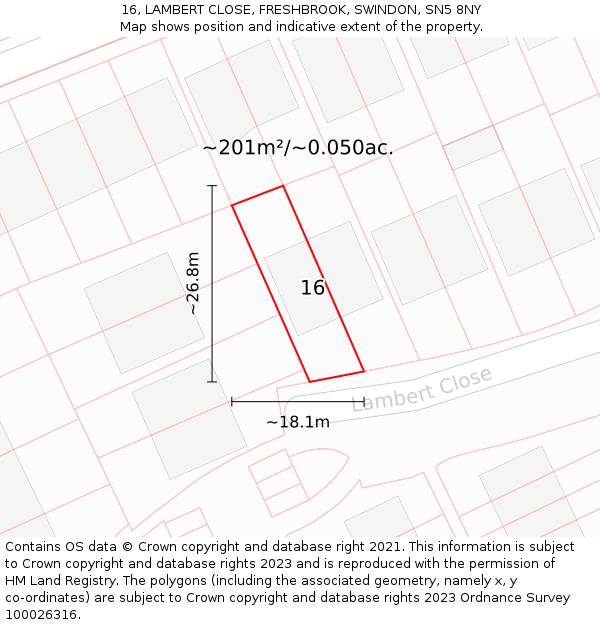 16, LAMBERT CLOSE, FRESHBROOK, SWINDON, SN5 8NY: Plot and title map