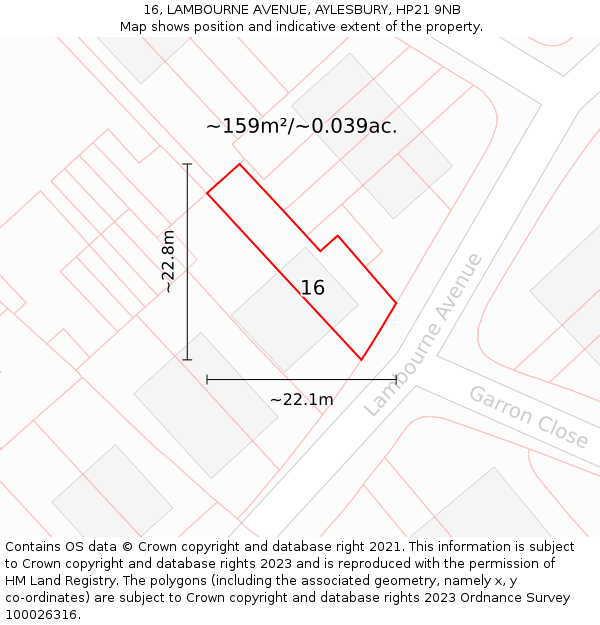 16, LAMBOURNE AVENUE, AYLESBURY, HP21 9NB: Plot and title map