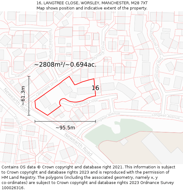 16, LANGTREE CLOSE, WORSLEY, MANCHESTER, M28 7XT: Plot and title map