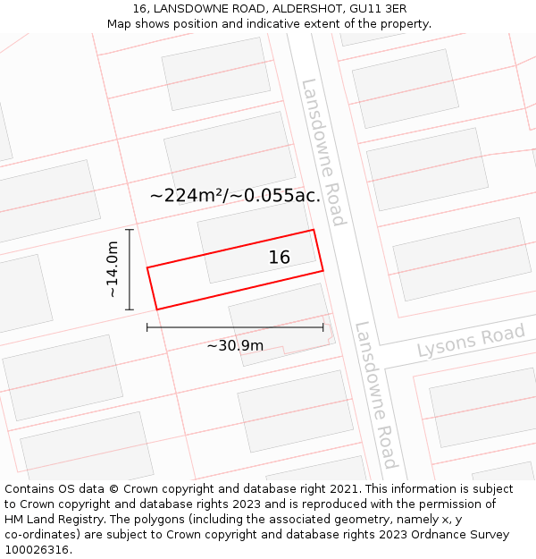 16, LANSDOWNE ROAD, ALDERSHOT, GU11 3ER: Plot and title map