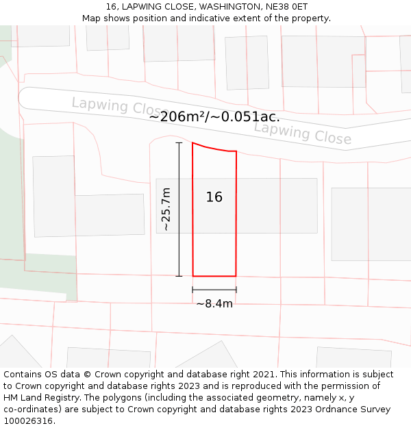 16, LAPWING CLOSE, WASHINGTON, NE38 0ET: Plot and title map