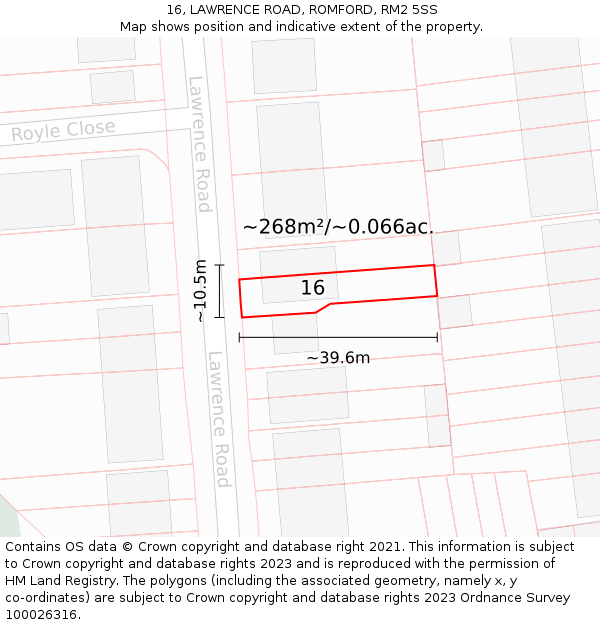 16, LAWRENCE ROAD, ROMFORD, RM2 5SS: Plot and title map