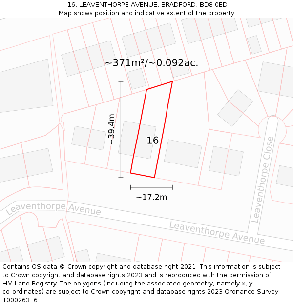 16, LEAVENTHORPE AVENUE, BRADFORD, BD8 0ED: Plot and title map