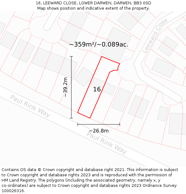 16, LEEWARD CLOSE, LOWER DARWEN, DARWEN, BB3 0SD: Plot and title map