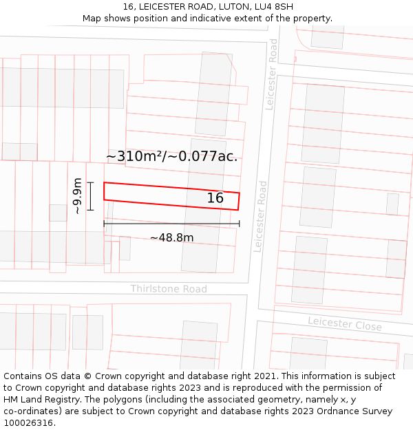 16, LEICESTER ROAD, LUTON, LU4 8SH: Plot and title map