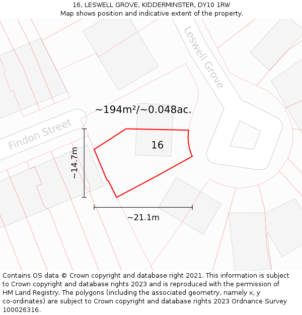 16, LESWELL GROVE, KIDDERMINSTER, DY10 1RW: Plot and title map