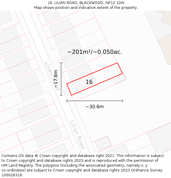 16, LILIAN ROAD, BLACKWOOD, NP12 1DN: Plot and title map