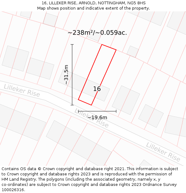 16, LILLEKER RISE, ARNOLD, NOTTINGHAM, NG5 8HS: Plot and title map