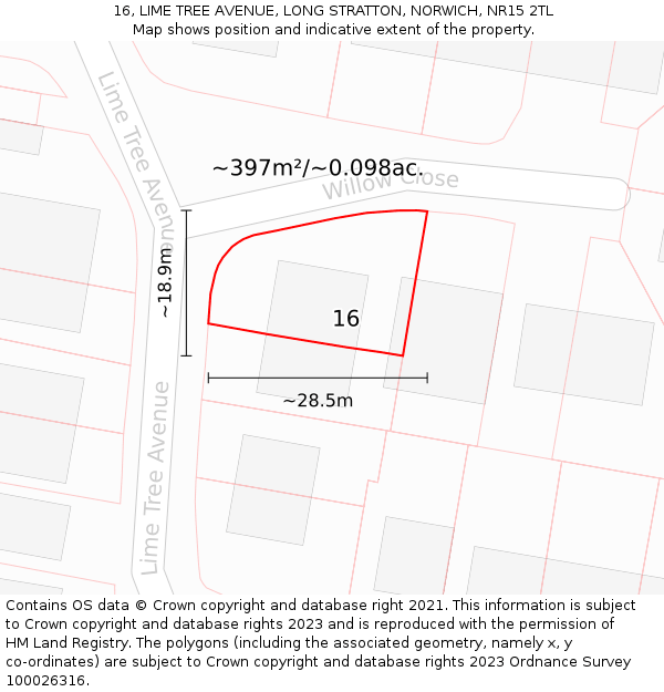 16, LIME TREE AVENUE, LONG STRATTON, NORWICH, NR15 2TL: Plot and title map